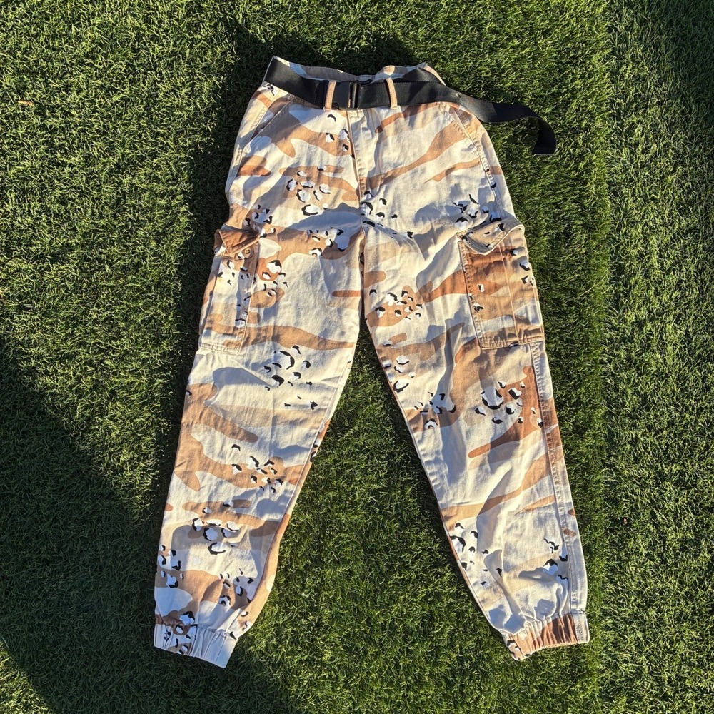 FOREVER 21 Youth Cargo Pants Size M Multicolor Camo Joggers Strap Y2K Emo Alt